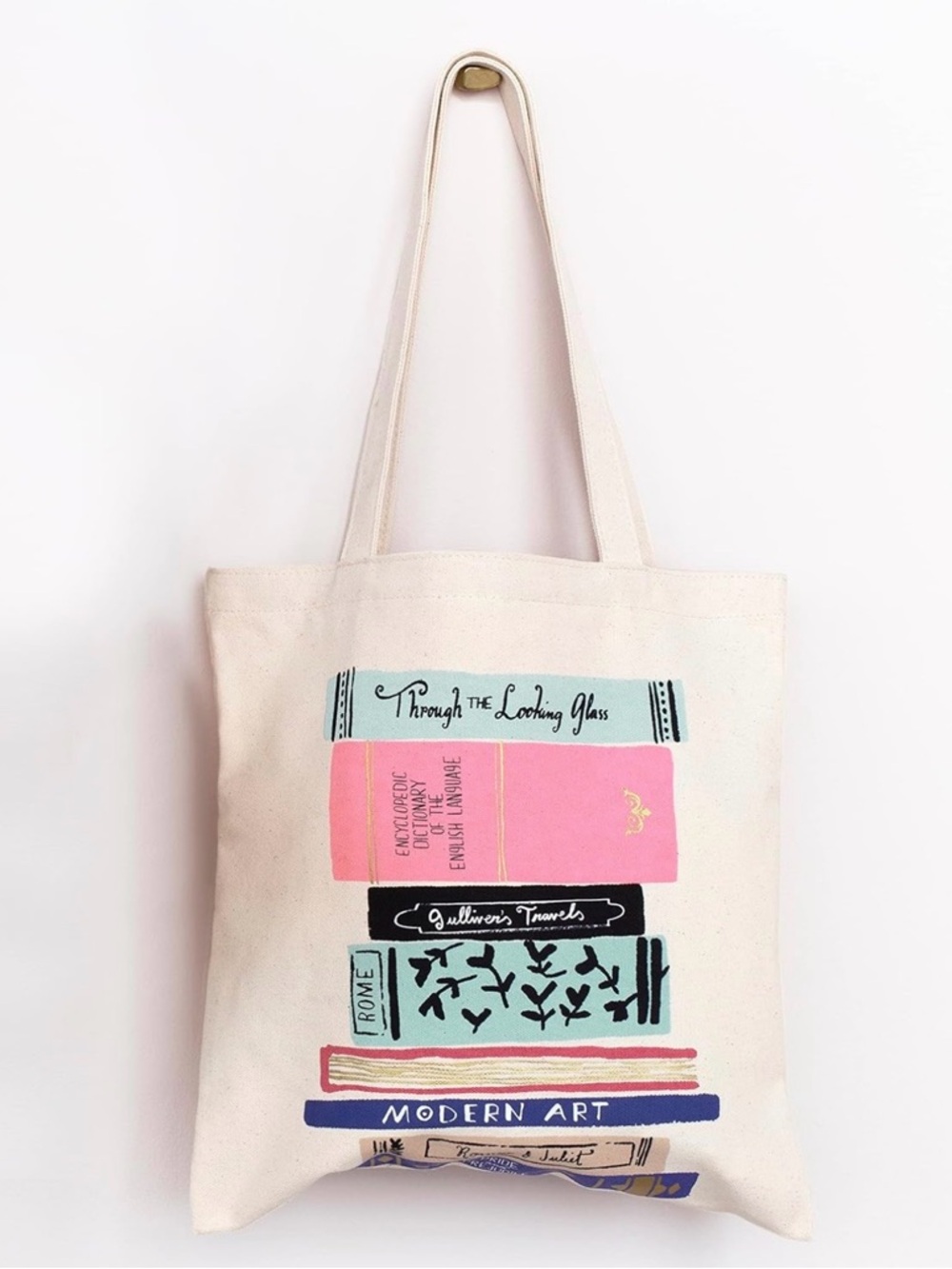 ❌SOLD❌ kate spade Cream Canvas Tote with Pink and Blue Book Stack Print - Picture 9 of 10